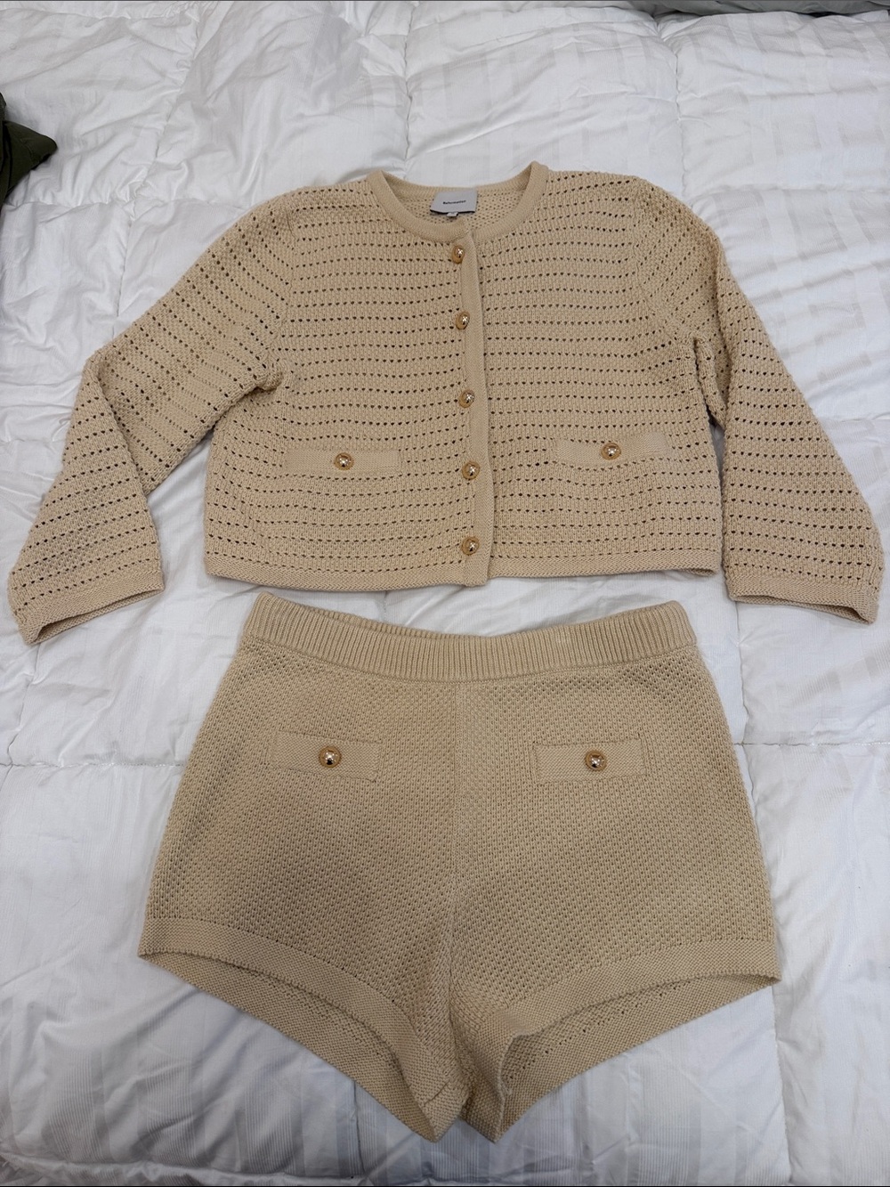 Reformation Beige Knit Cardigan and Shorts Set